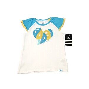 Adidas Toddler Girl's Short / Cap Sleeve Graphic Top (Size 4) White /Blue - NEW